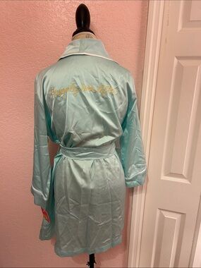 kate spade Light Aqua Satin Robe with Gold Embroidery